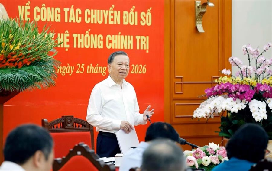 Tổng Bí thư, Chủ tịch nước Tô Lâm phát biểu tại phiên họp chuyên đề về công tác chuyển đổi số trong hệ thống chính trị, ngày 25/6/2026.
